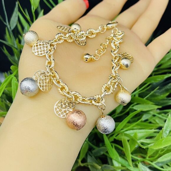 Vintage Textured Dangle Bracelets Gold Silver Copper Tone Ball Charms 1438 - Picture 7 of 10